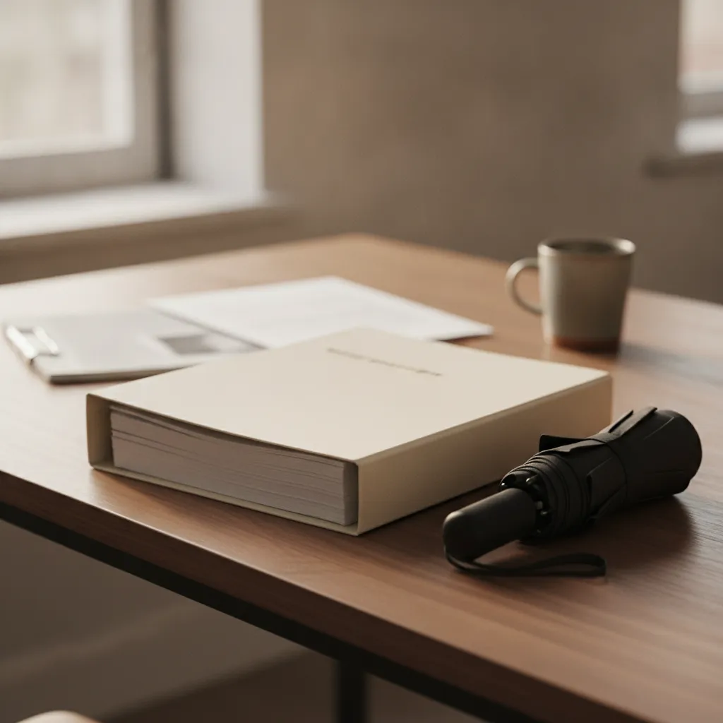 Insurance policy documents and law reports on an office desk, Delhi