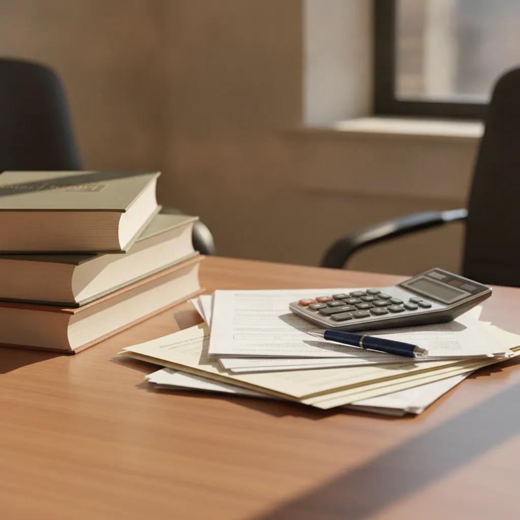 Bound tax statutes, assessment papers and a calculator on a desk in an office, Delhi